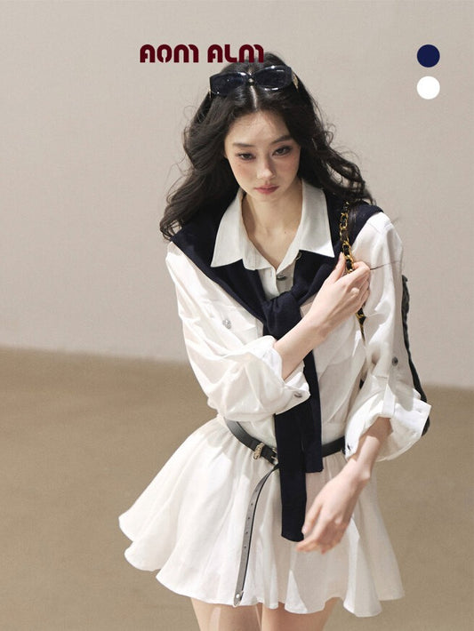 AOMALM - "Moonlight Sinks into the Sea" High-Intellect Utility Shirt Dress (Plain White / Navy Blue, with Belt & Optional Shawl)