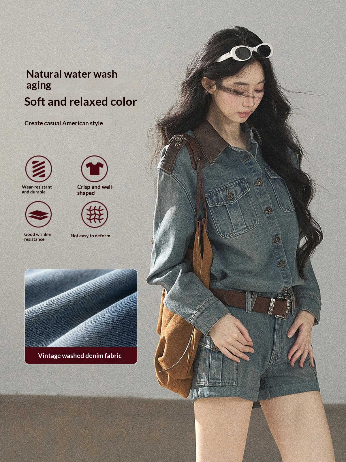 AOMALM - "Borrowed Sunshine" Vintage Blue Denim Commuter Set (Top + Shorts with Belt)