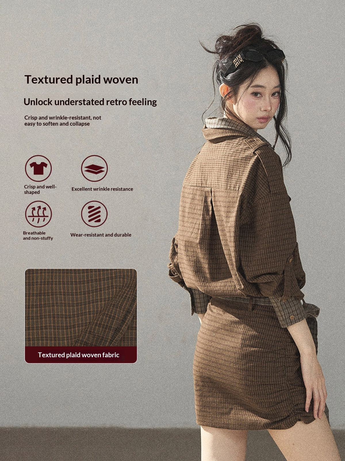 AOMALM - "A Promise Beneath the Oak" Crabapple Brown Plaid Shirt Dress with Belt