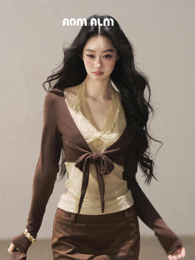 AOMALM - "Tender in This Moment" Rich Cocoa Faux Two-Piece Lace Top