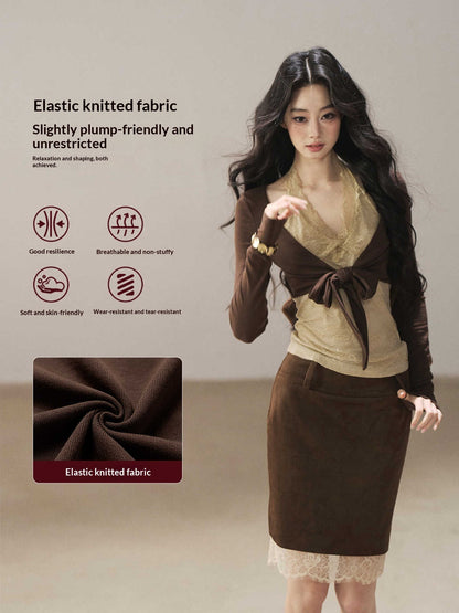 AOMALM - "Tender in This Moment" Rich Cocoa Faux Two-Piece Lace Top