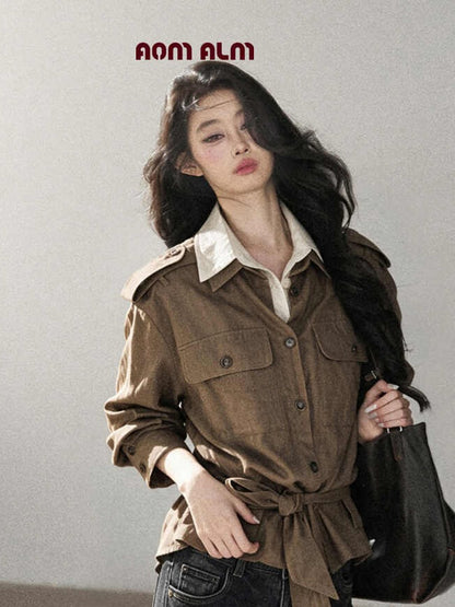 AOMALM - "The Final Chapter of an Old Dream" Roasted Pecan Brown Faux Two-Piece Linen Top with Belt