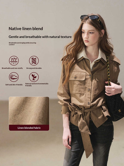 AOMALM - "The Final Chapter of an Old Dream" Roasted Pecan Brown Faux Two-Piece Linen Top with Belt