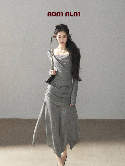 AOMALM - "Still River Cove" Cloud Mist Gray French-Inspired Lace Maxi Dress