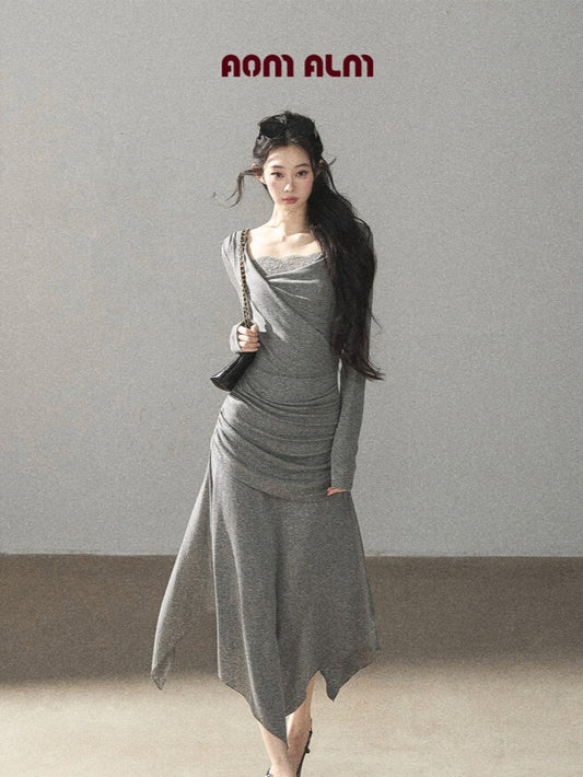 AOMALM - "Still River Cove" Cloud Mist Gray French-Inspired Lace Maxi Dress