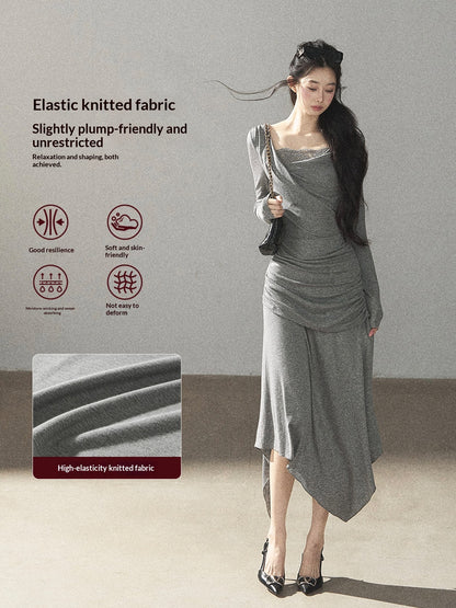 AOMALM - "Still River Cove" Cloud Mist Gray French-Inspired Lace Maxi Dress