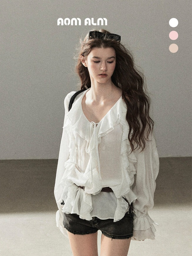AOMALM - "A Featherlight Touch" French Camellia White Lace Chiffon Top with Belt (Camellia / Oatmeal / Cinnamon Pink)