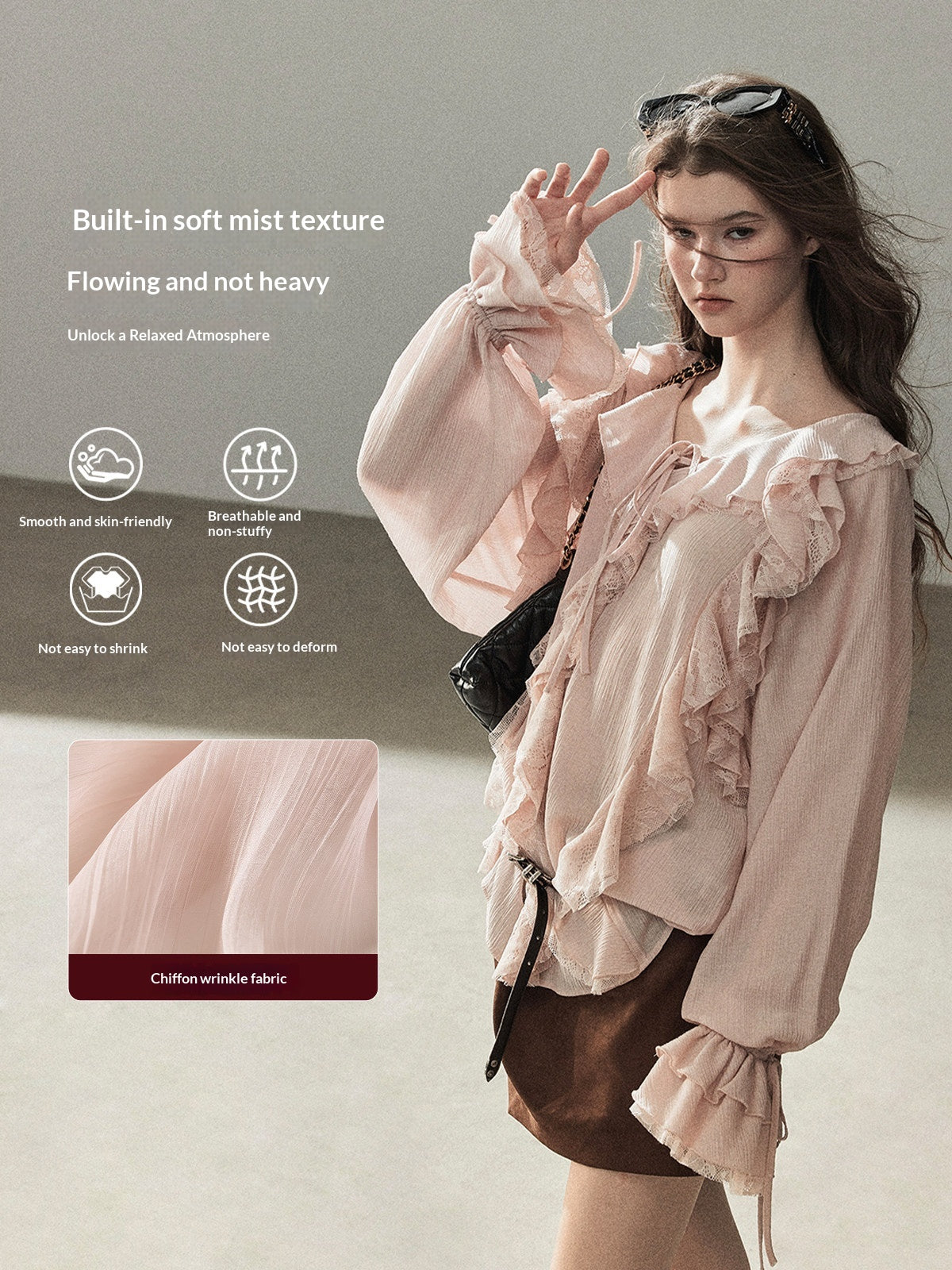 AOMALM - "A Featherlight Touch" French Camellia White Lace Chiffon Top with Belt (Camellia / Oatmeal / Cinnamon Pink)