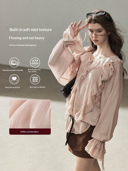 AOMALM - "A Featherlight Touch" French Camellia White Lace Chiffon Top with Belt (Camellia / Oatmeal / Cinnamon Pink)