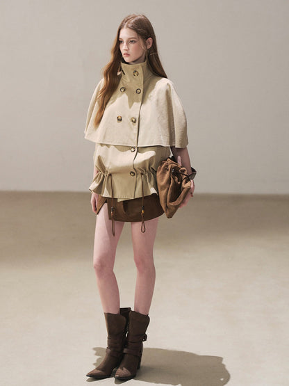 AOMALM - "Through the Oak Grove" Almond Taupe Cape Coat with Drawstring