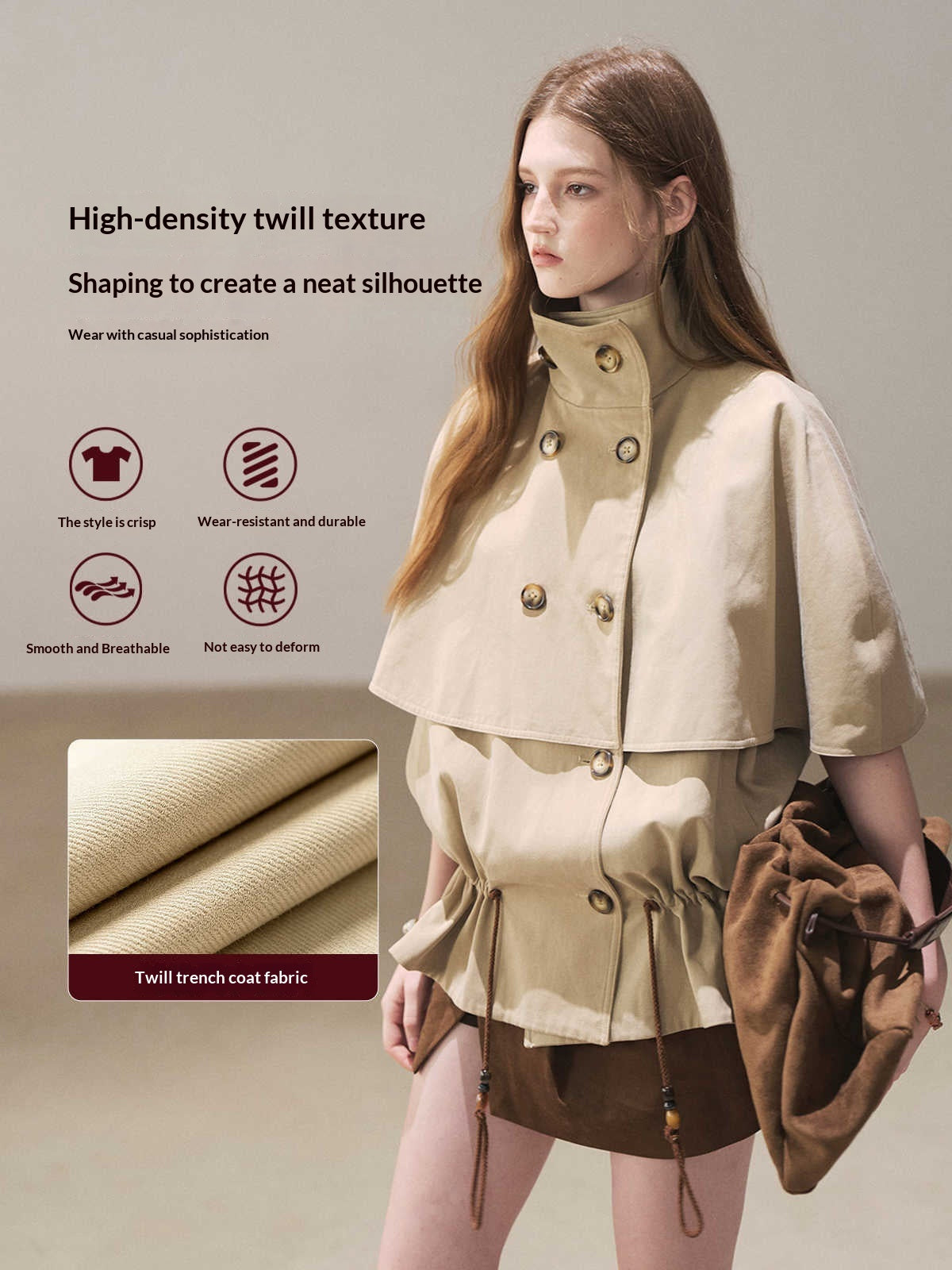 AOMALM - "Through the Oak Grove" Almond Taupe Cape Coat with Drawstring
