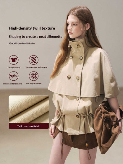 AOMALM - "Through the Oak Grove" Almond Taupe Cape Coat with Drawstring