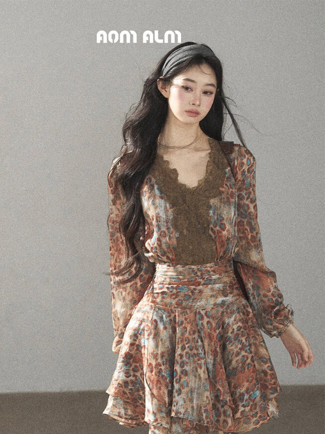 AOMALM - “Whispers of Withered Branches” Rich Cocoa French Lace Chiffon Mini Dress with Tights