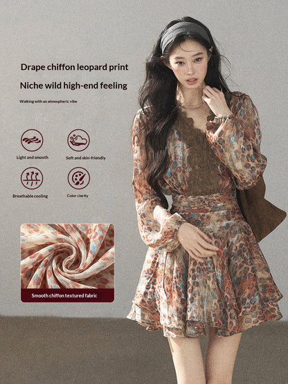 AOMALM - “Whispers of Withered Branches” Rich Cocoa French Lace Chiffon Mini Dress with Tights
