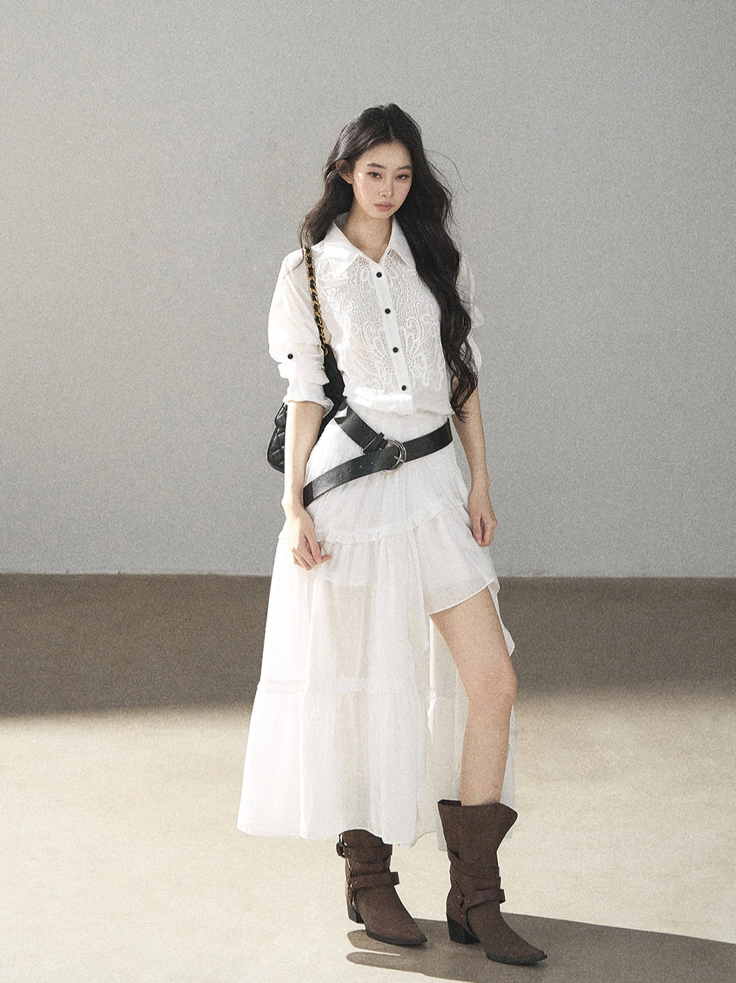 AOMALM - “Her Hemline” White Lace Shirt Dress with Belt