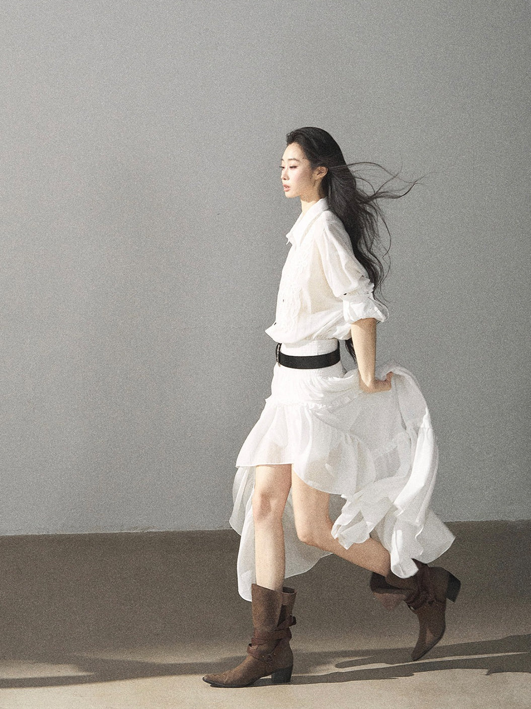 AOMALM - “Her Hemline” White Lace Shirt Dress with Belt