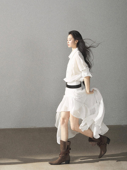 AOMALM - “Her Hemline” White Lace Shirt Dress with Belt