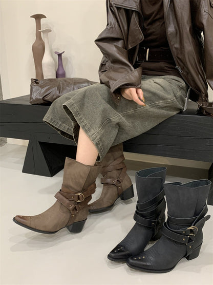 “Western Patina” Embroidered Leather Cowboy Ankle Boots (Black / Brown)