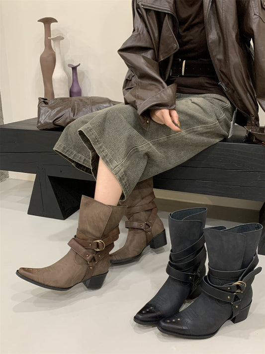 “Western Patina” Embroidered Leather Cowboy Ankle Boots (Black / Brown)