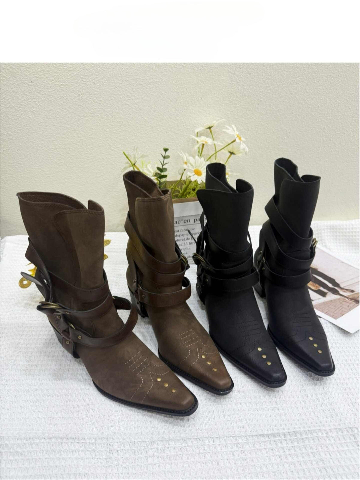 “Western Patina” Embroidered Leather Cowboy Ankle Boots (Black / Brown)