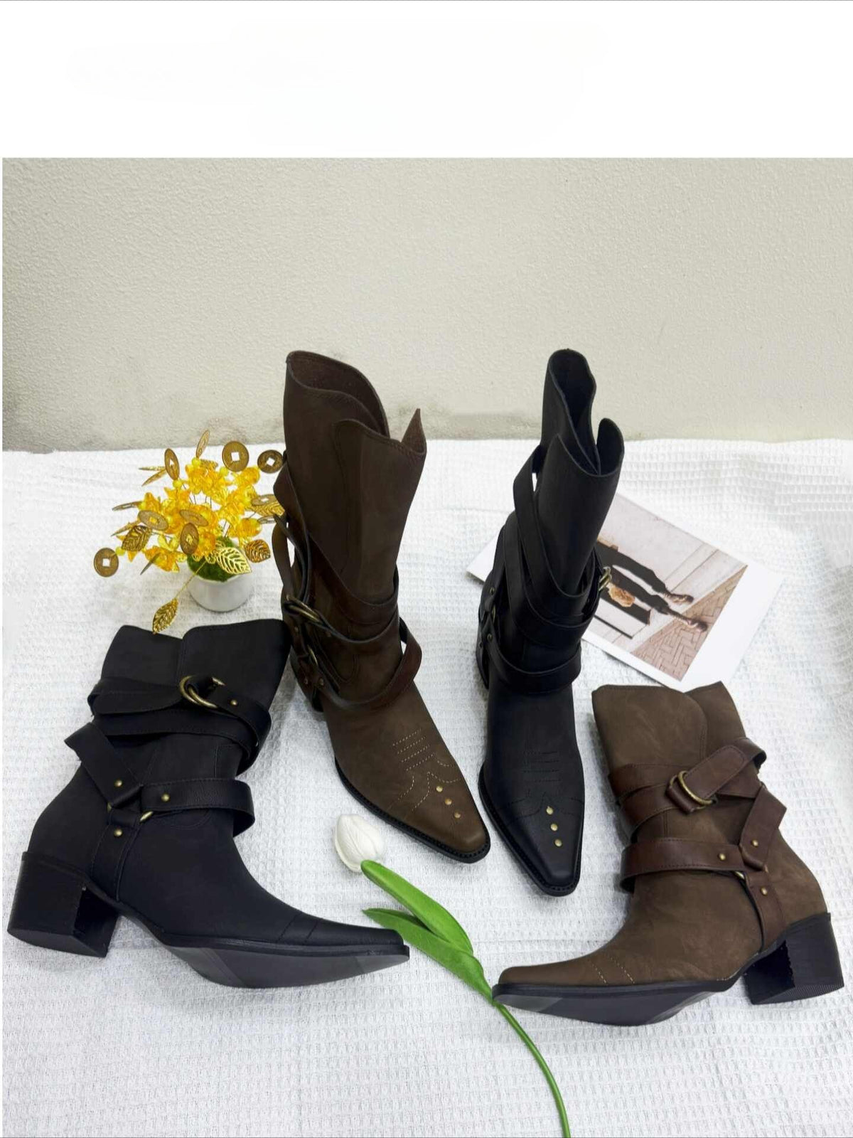 “Western Patina” Embroidered Leather Cowboy Ankle Boots (Black / Brown)