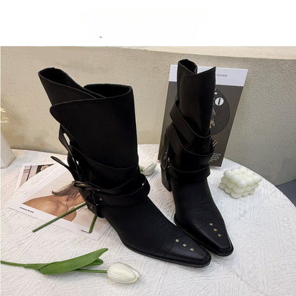 “Western Patina” Embroidered Leather Cowboy Ankle Boots (Black / Brown)