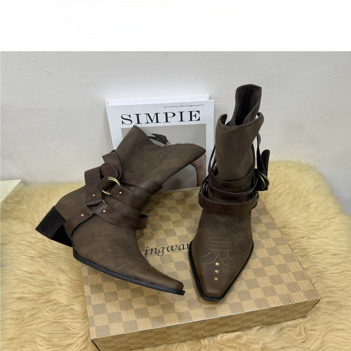 “Western Patina” Embroidered Leather Cowboy Ankle Boots (Black / Brown)