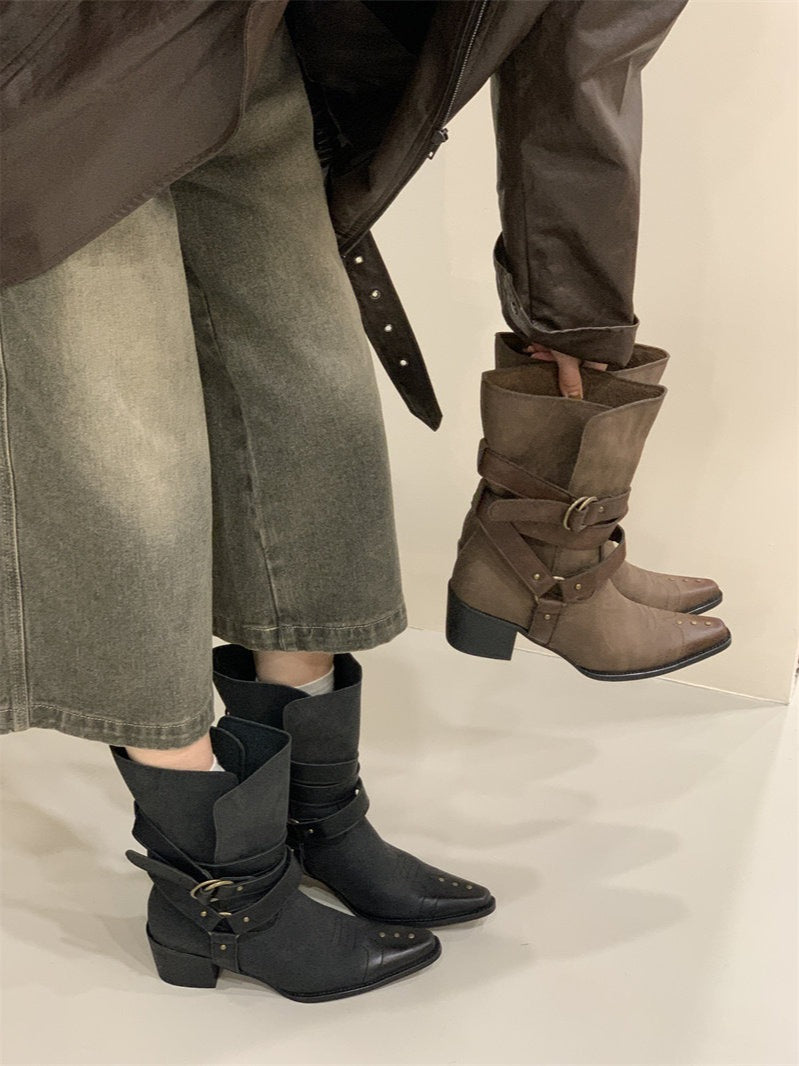 “Western Patina” Embroidered Leather Cowboy Ankle Boots (Black / Brown)