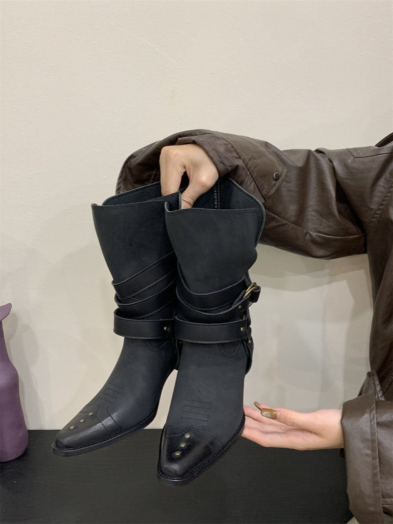 “Western Patina” Embroidered Leather Cowboy Ankle Boots (Black / Brown)