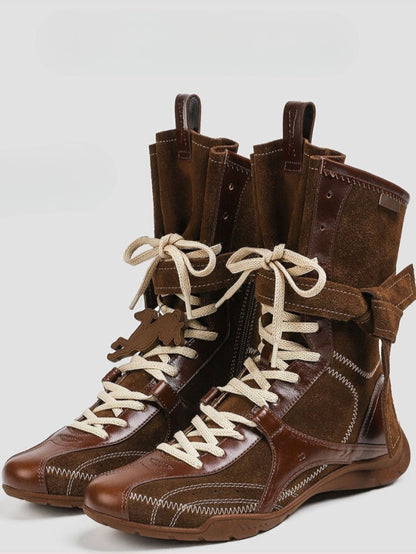 “Cocoa Rider” Retro Mid-Calf Platform Combat Boots (Brown / Black)