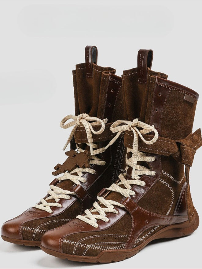 “Cocoa Rider” Retro Mid-Calf Platform Combat Boots (Brown / Black)