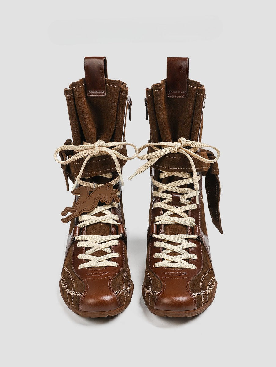 “Cocoa Rider” Retro Mid-Calf Platform Combat Boots (Brown / Black)