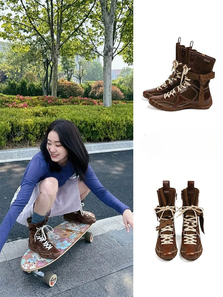“Cocoa Rider” Retro Mid-Calf Platform Combat Boots (Brown / Black)