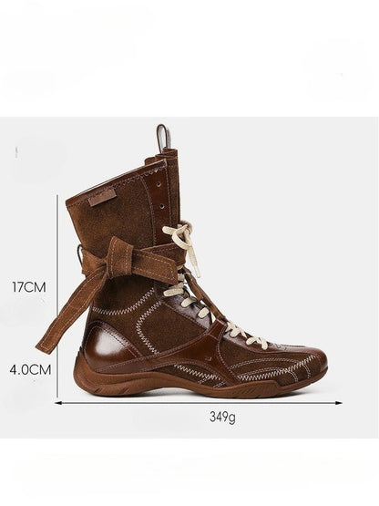 “Cocoa Rider” Retro Mid-Calf Platform Combat Boots (Brown / Black)