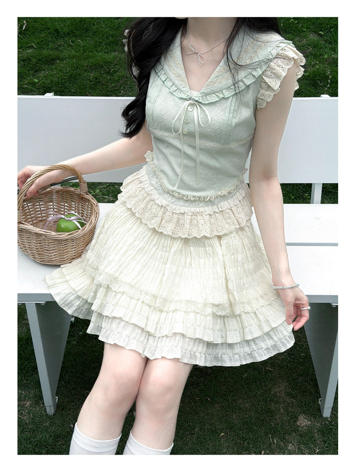 "Blooming Branches" Vintage Forest Collection (Mint Green Sailor Blouse / Oat Beige Tiered Skirt)