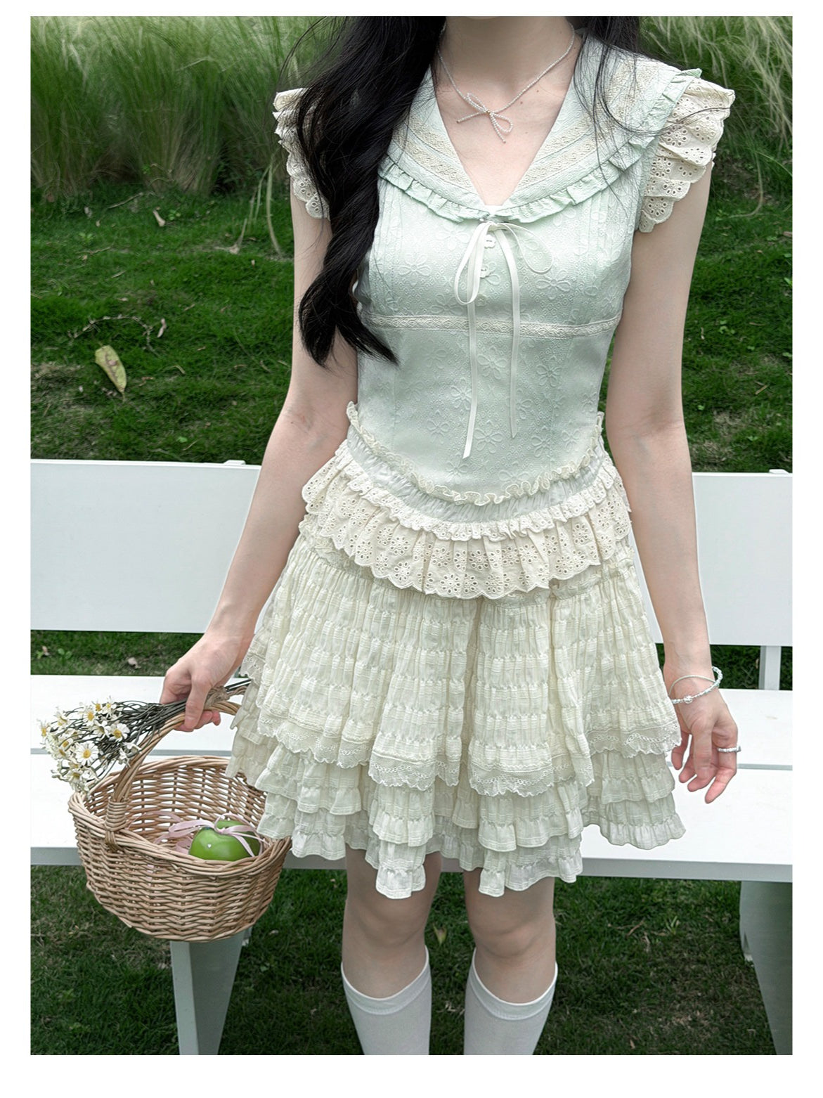 "Blooming Branches" Vintage Forest Collection (Mint Green Sailor Blouse / Oat Beige Tiered Skirt)