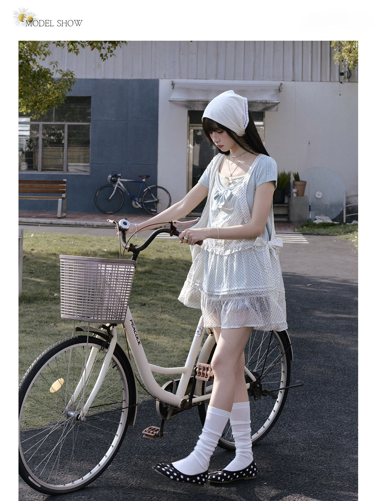 "Daisy Mist" Layered Polka Dot Collection (Mint Green Knit Top / Beige Cami / Polka Dot Overlay / Denim Pleated Skirt)