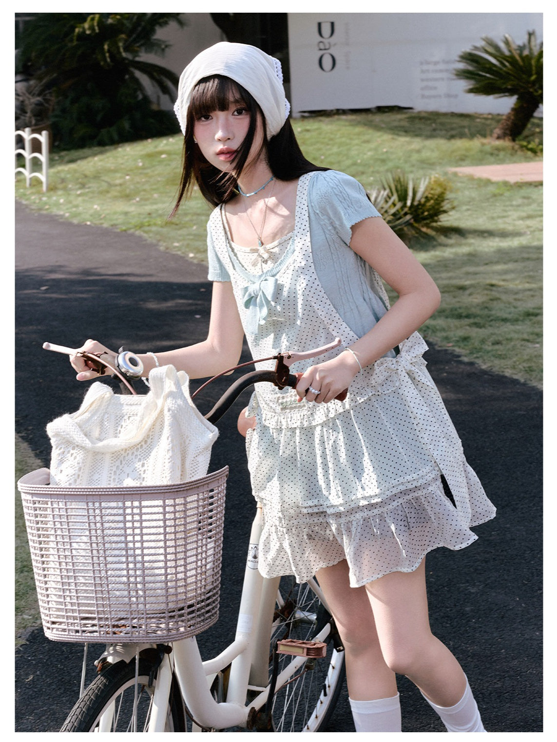 "Daisy Mist" Layered Polka Dot Collection (Mint Green Knit Top / Beige Cami / Polka Dot Overlay / Denim Pleated Skirt)