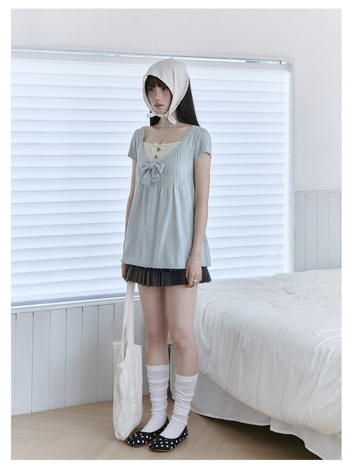 "Daisy Mist" Layered Polka Dot Collection (Mint Green Knit Top / Beige Cami / Polka Dot Overlay / Denim Pleated Skirt)