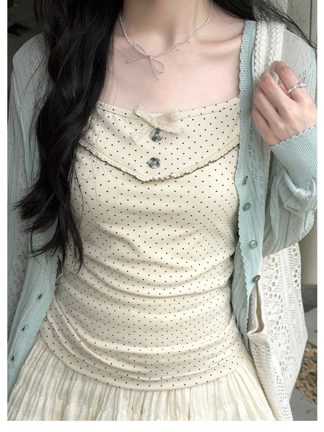 "Daisy Mist" Layered Polka Dot Collection (Mint Green Knit Top / Beige Cami / Polka Dot Overlay / Denim Pleated Skirt)