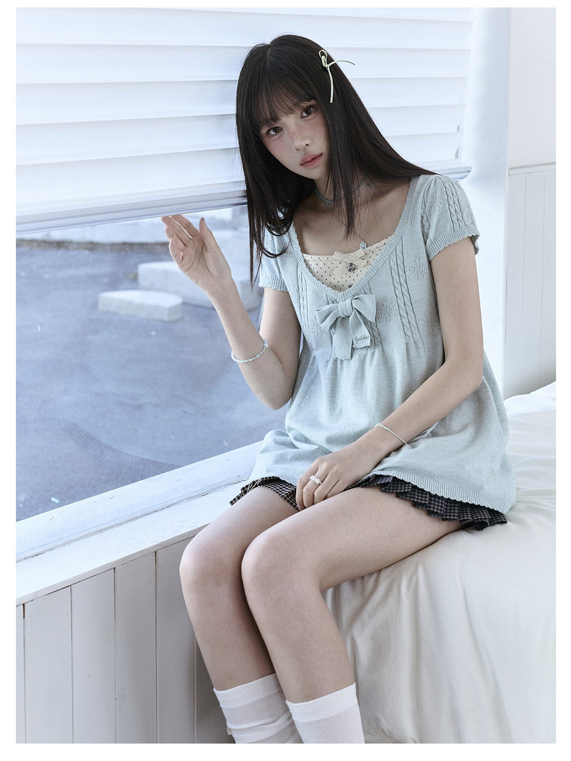 "Daisy Mist" Layered Polka Dot Collection (Mint Green Knit Top / Beige Cami / Polka Dot Overlay / Denim Pleated Skirt)
