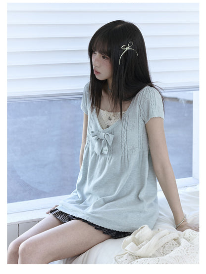 "Daisy Mist" Layered Polka Dot Collection (Mint Green Knit Top / Beige Cami / Polka Dot Overlay / Denim Pleated Skirt)