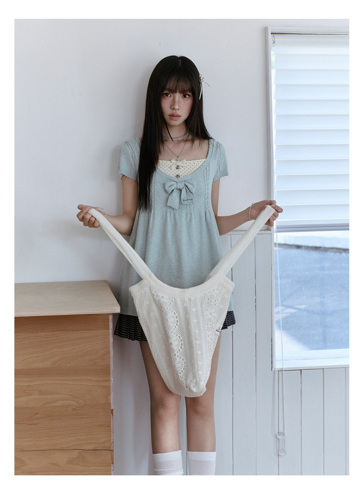 "Daisy Mist" Layered Polka Dot Collection (Mint Green Knit Top / Beige Cami / Polka Dot Overlay / Denim Pleated Skirt)
