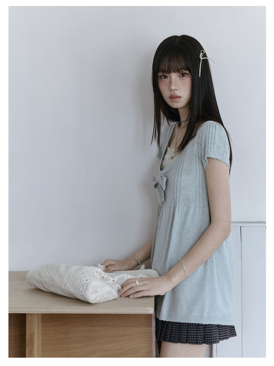 "Daisy Mist" Layered Polka Dot Collection (Mint Green Knit Top / Beige Cami / Polka Dot Overlay / Denim Pleated Skirt)