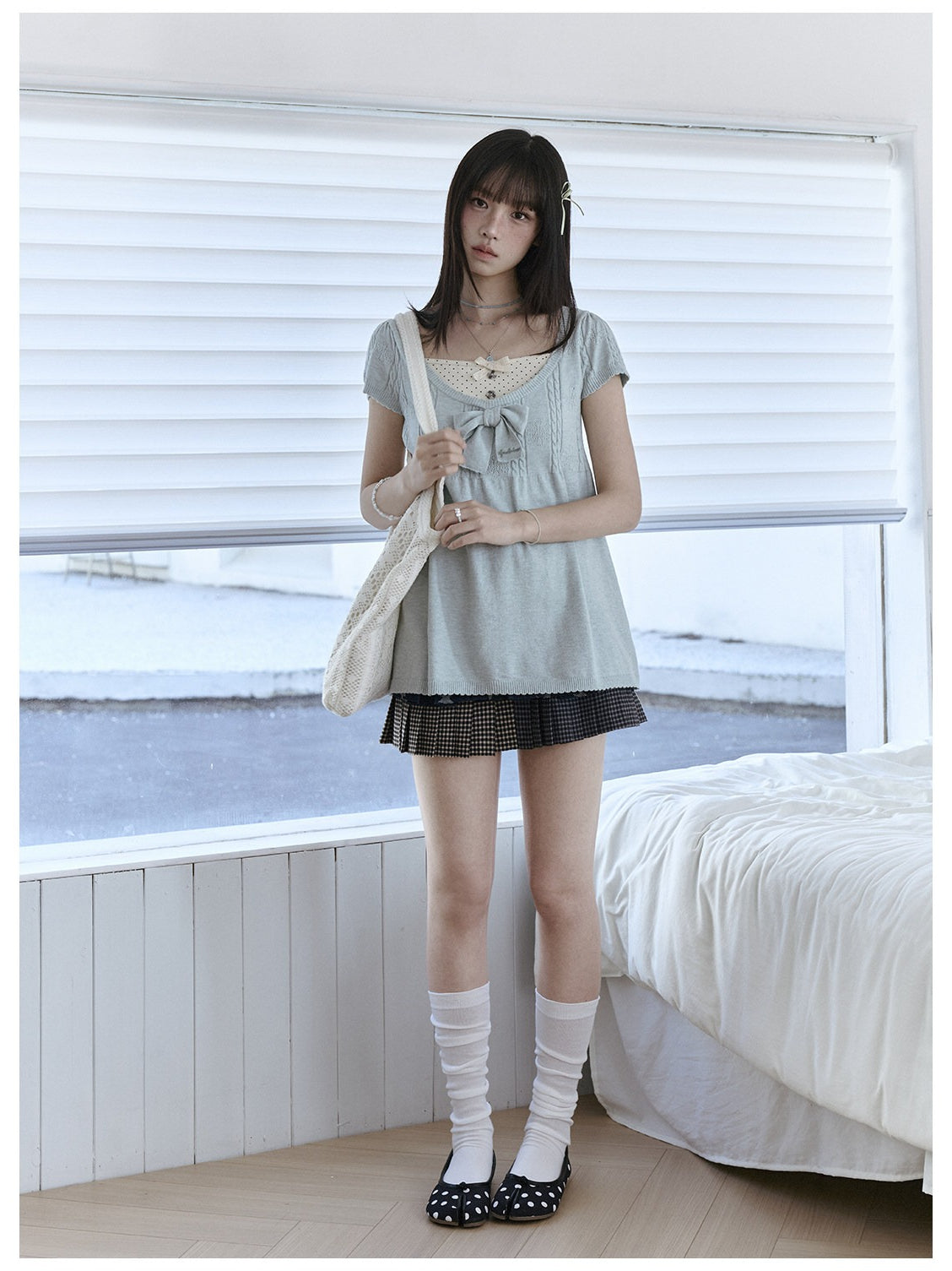 "Daisy Mist" Layered Polka Dot Collection (Mint Green Knit Top / Beige Cami / Polka Dot Overlay / Denim Pleated Skirt)