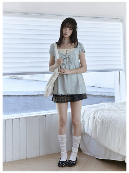 "Daisy Mist" Layered Polka Dot Collection (Mint Green Knit Top / Beige Cami / Polka Dot Overlay / Denim Pleated Skirt)