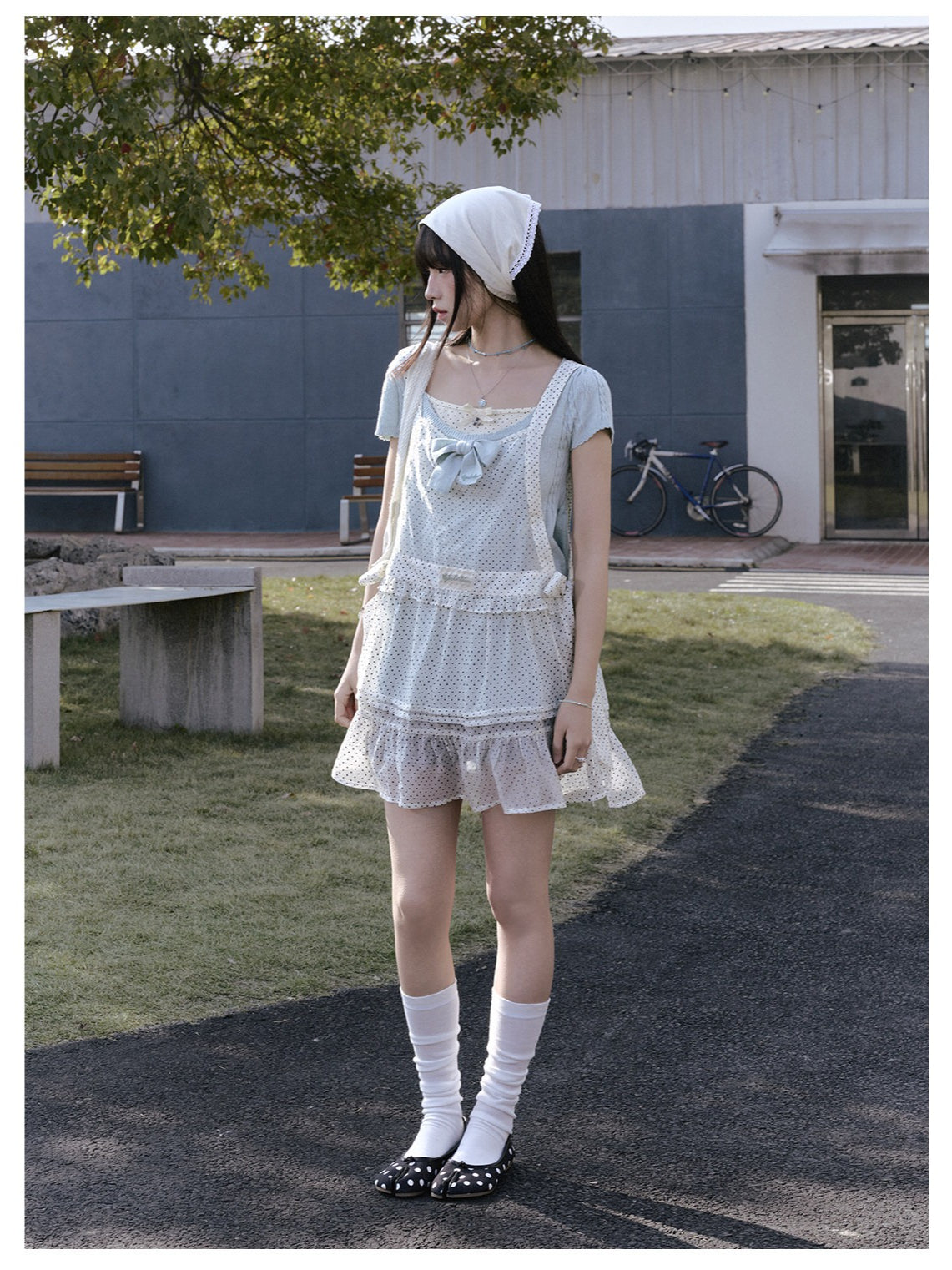 "Daisy Mist" Layered Polka Dot Collection (Mint Green Knit Top / Beige Cami / Polka Dot Overlay / Denim Pleated Skirt)