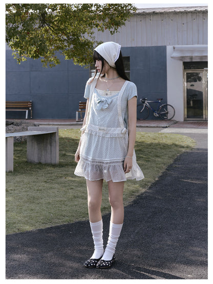 "Daisy Mist" Layered Polka Dot Collection (Mint Green Knit Top / Beige Cami / Polka Dot Overlay / Denim Pleated Skirt)