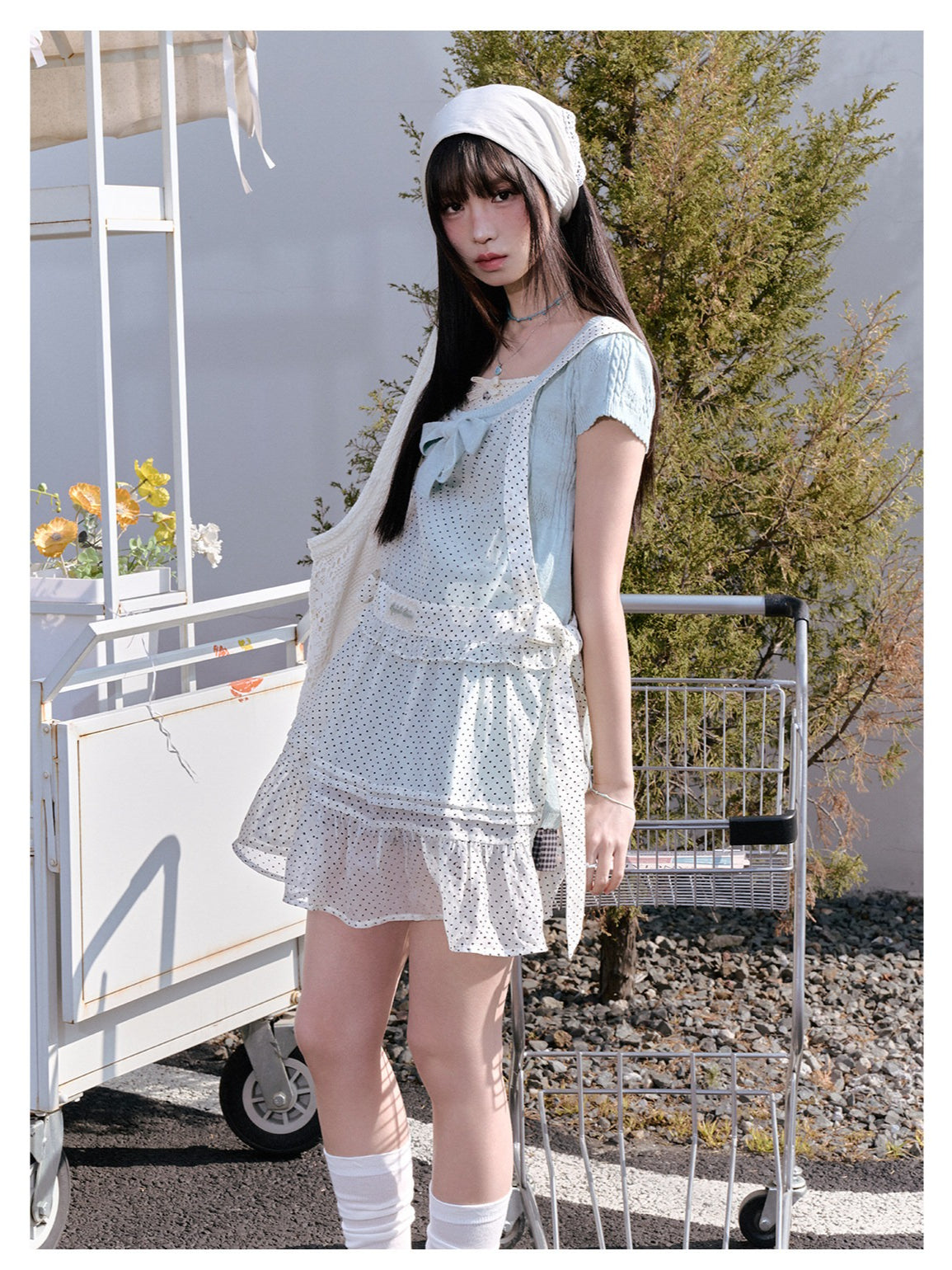 "Daisy Mist" Layered Polka Dot Collection (Mint Green Knit Top / Beige Cami / Polka Dot Overlay / Denim Pleated Skirt)