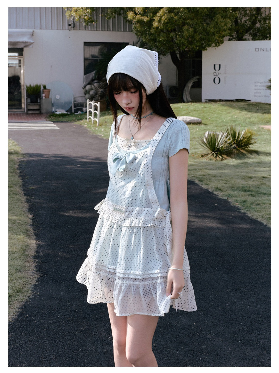 "Daisy Mist" Layered Polka Dot Collection (Mint Green Knit Top / Beige Cami / Polka Dot Overlay / Denim Pleated Skirt)